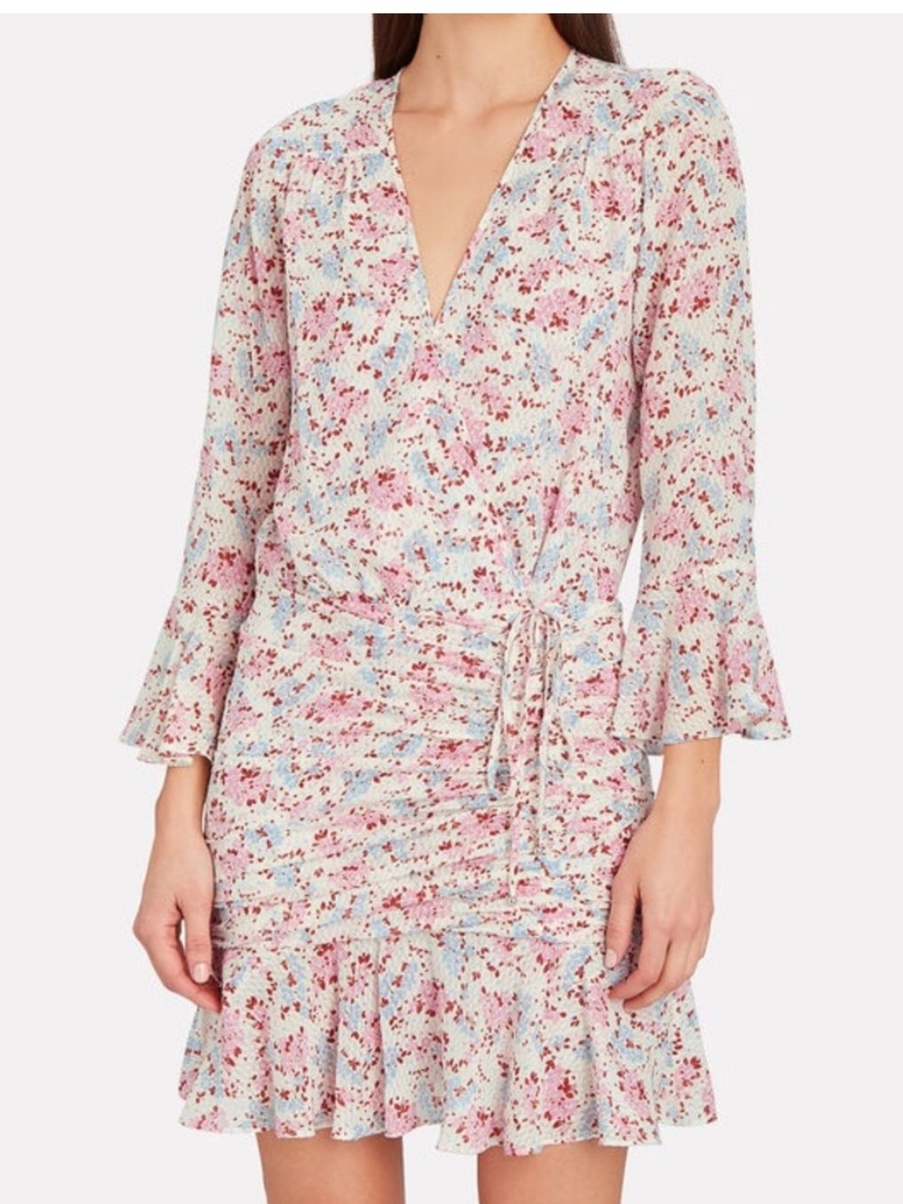 Veronica beard 100% silk sean pink floral ruched mini dress 3/4 sleeves sz 6